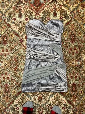 bebe Silver and Light Gray Strapless Ruched Cocktail Dress